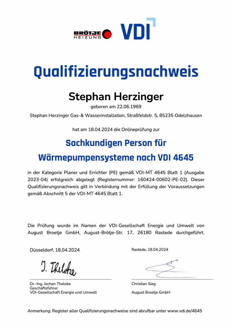 Herzinger-Qualifizierungsnachweis für Wärmepumpen